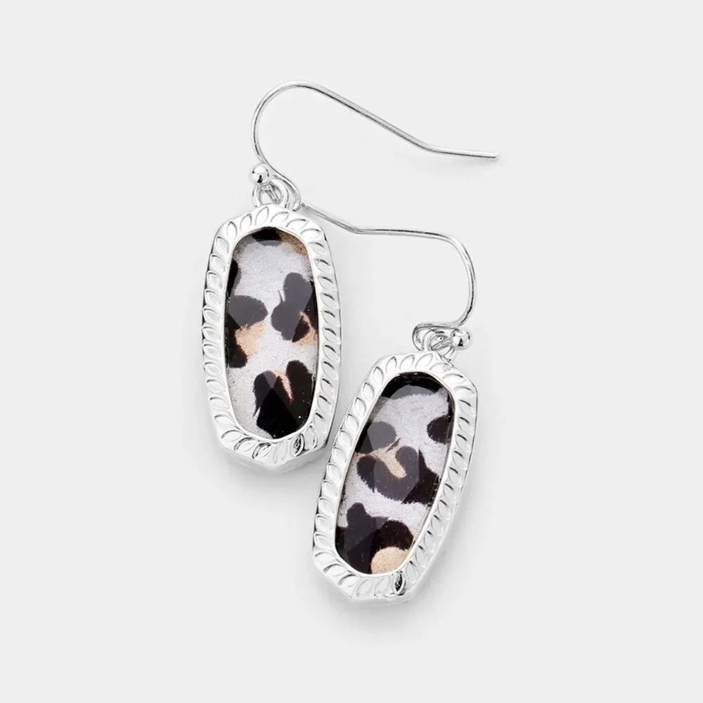 New Womens Leopard Stone Hexagon Dangle Earrings in Silver